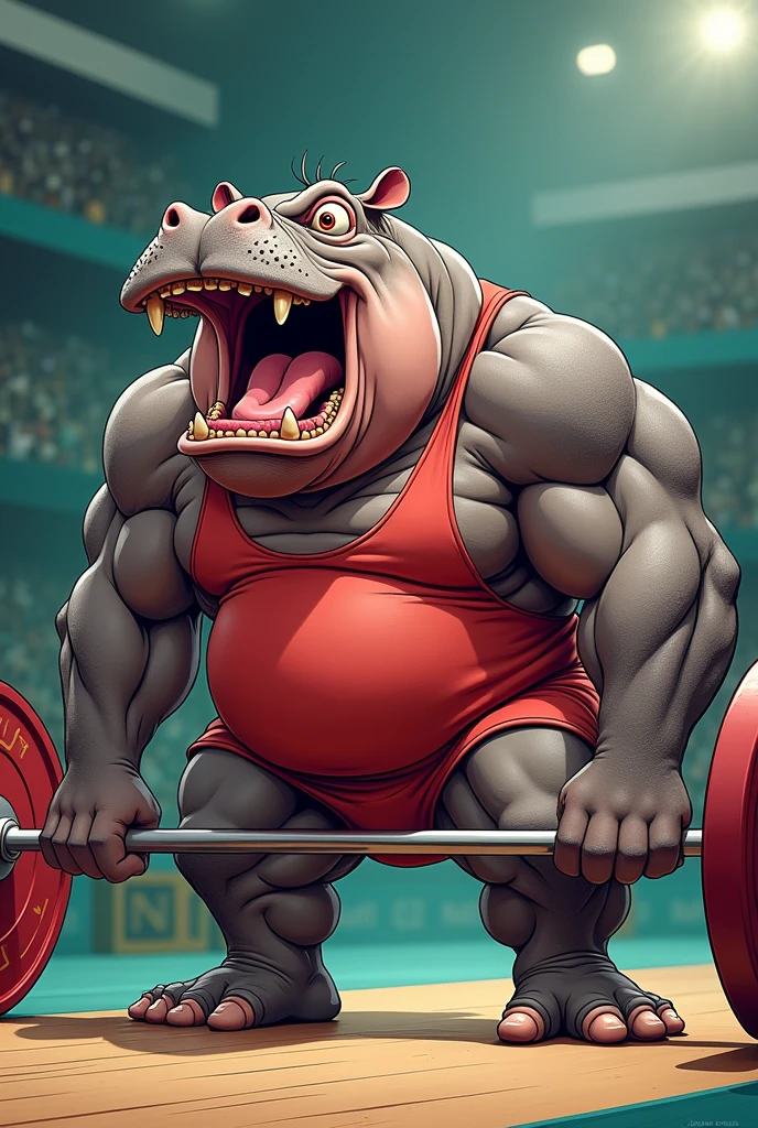 (chibi Emoji Meme), Comic art style, funny photo portrait of a grotesque (Olympic Weightlifting athlete Hippopotamus), upper body, strange eyes, Olympic background, emoticon. emotional, dynamic movement, vivid, (masterpiece, best quality, absurdres, ultra-detailed, intricate details:1.3)