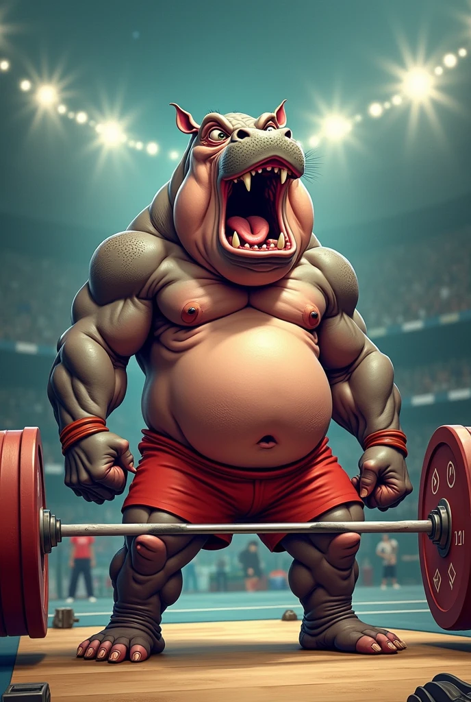 (chibi Emoji Meme), Comic art style, funny photo portrait of a grotesque (Olympic Weightlifting athlete Hippopotamus), upper body, strange eyes, Olympic background, emoticon. emotional, dynamic movement, vivid, (masterpiece, best quality, absurdres, ultra-detailed, intricate details:1.3)