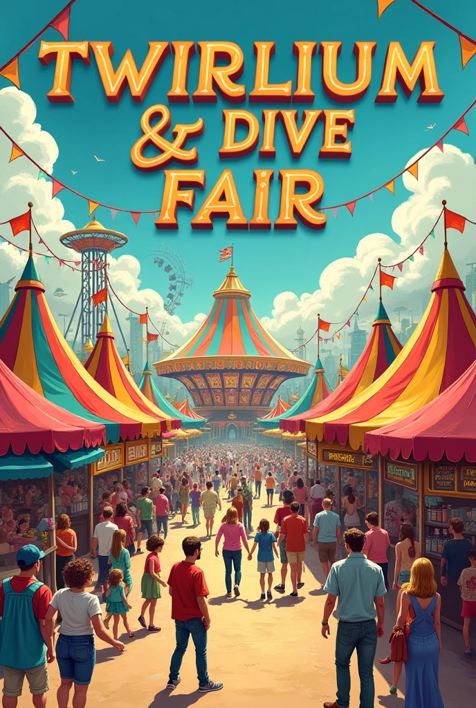 A poster of showing stalls of games , music,food and startups and the name of the carnival is Twirlium & Dive fair