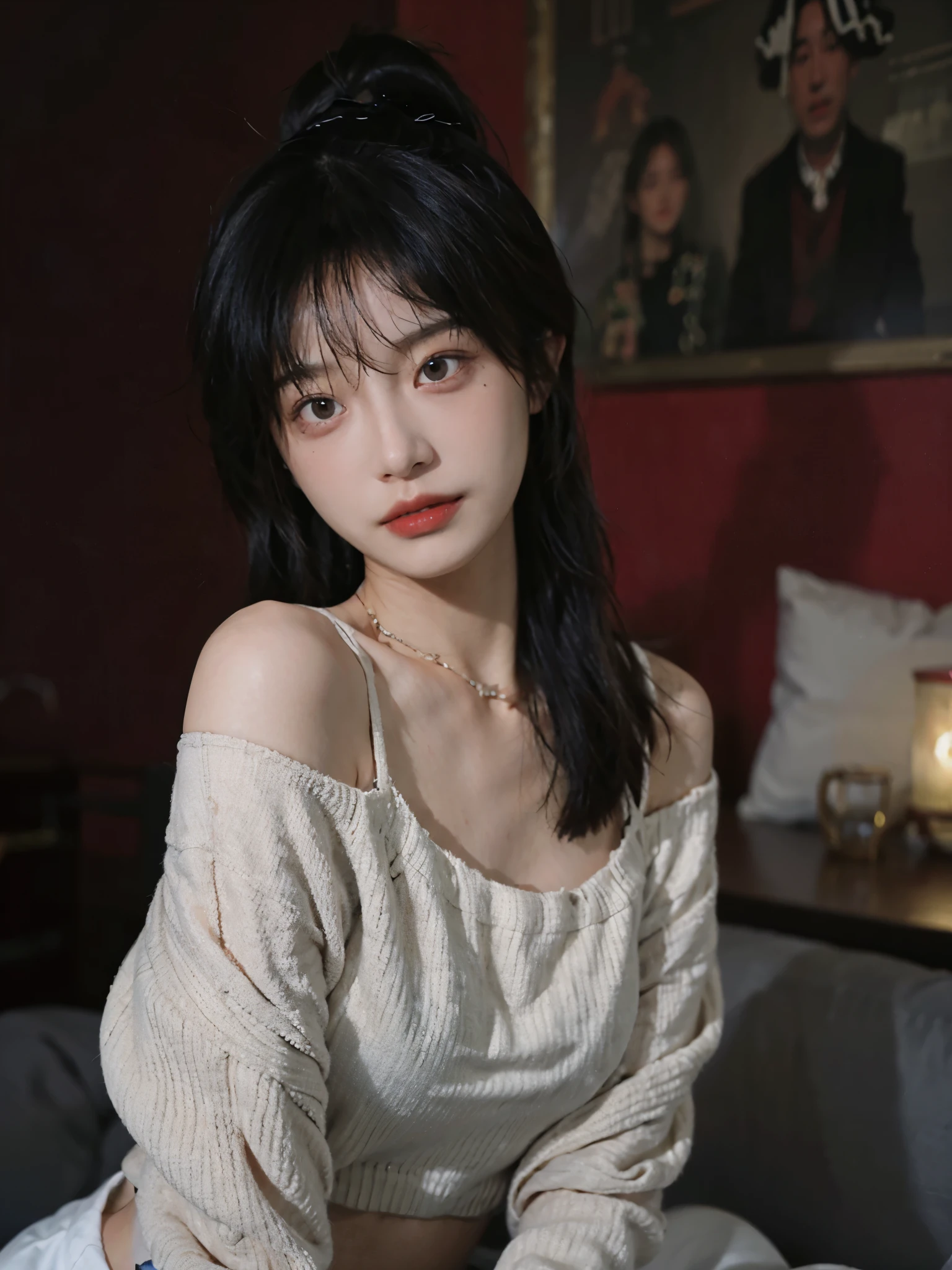 best qualtiy, Ultra-high resolution, (realisticlying:1.4),Baoyu Girl,1girll, with long coiled hair,Looking into the distance,nedium breasts:1.4,Cropped red sweater,a sense of atmosphere,Beautiful woman with a slim figure:1.4, abs:1.4,,Ultra-fine face,Elaborate Eyes,double eyelid,choker necklace