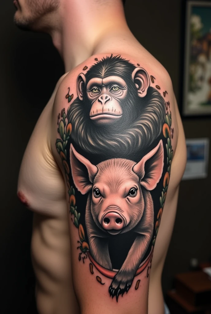 Monkey and pig tattoo on shoulder