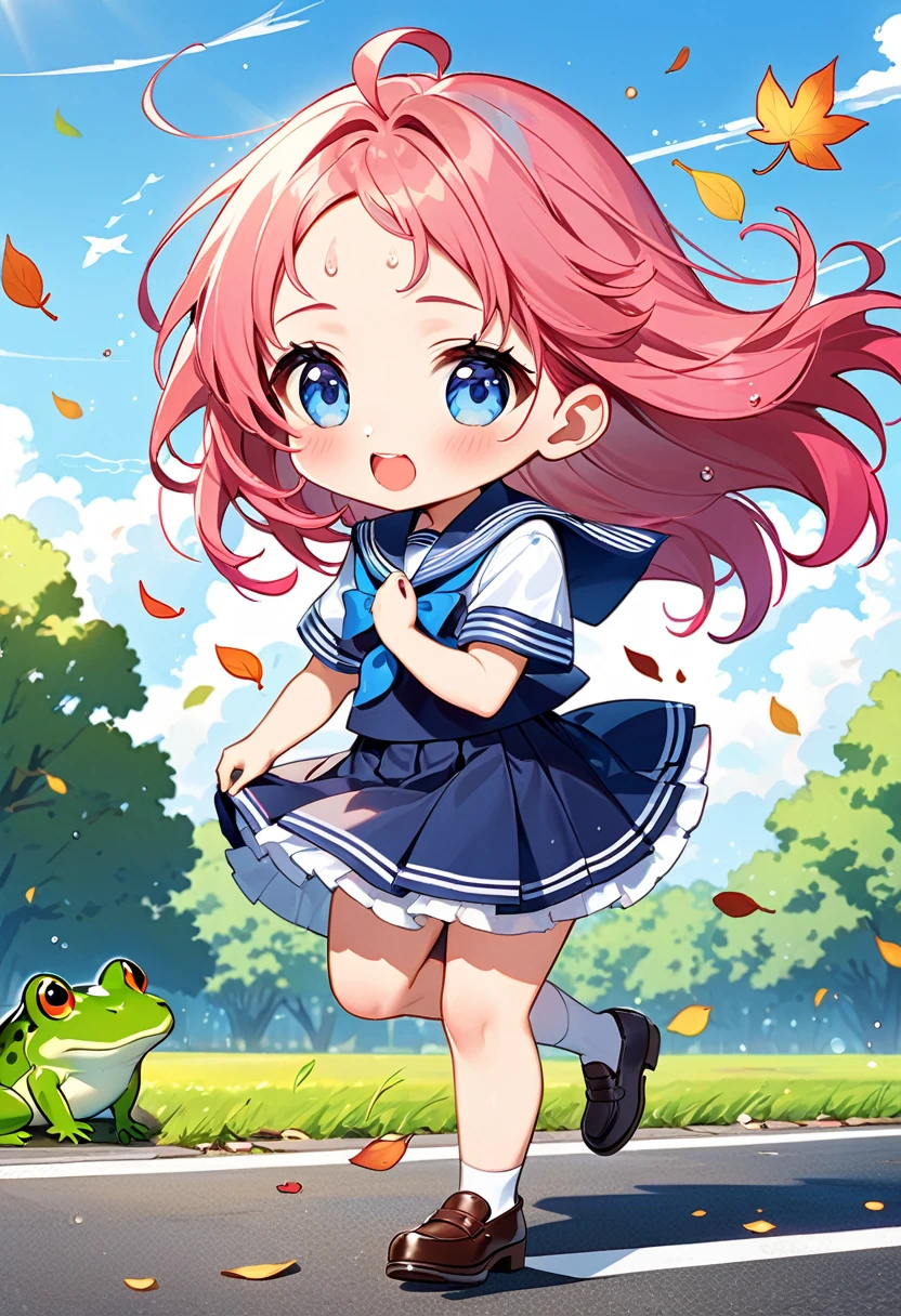 Highest quality、High resolution、Detailed Background、Beautiful face in every detail、Anatomically correct、Detailed facial expressions、fine grain、Movie Posters、((full body, from below:1.2, looking viewer:1.2)), break ((One Girl:1.2)、((Chibi Girl:1.2)))、Bright pretty hair color、Big beautiful blue eyes、Fuller lips、Pink Lips、Braided twintails、Ahoge、(Commemorative photo in front of a new car:1.2、Several sisters huddle together in the center.:1.2)、(Cute sleeveless T-shirt、Cute Skirt、Cute sneakers、Cute hair accessories)、break ((V sign、Cheerful pose:1.2、Smiling for a commemorative photo、They are sisters and get along well.))、((The background is a peaceful country villa、Autumn flowers々、Gentle sunlight))、(The frog is jumping:1.2)
