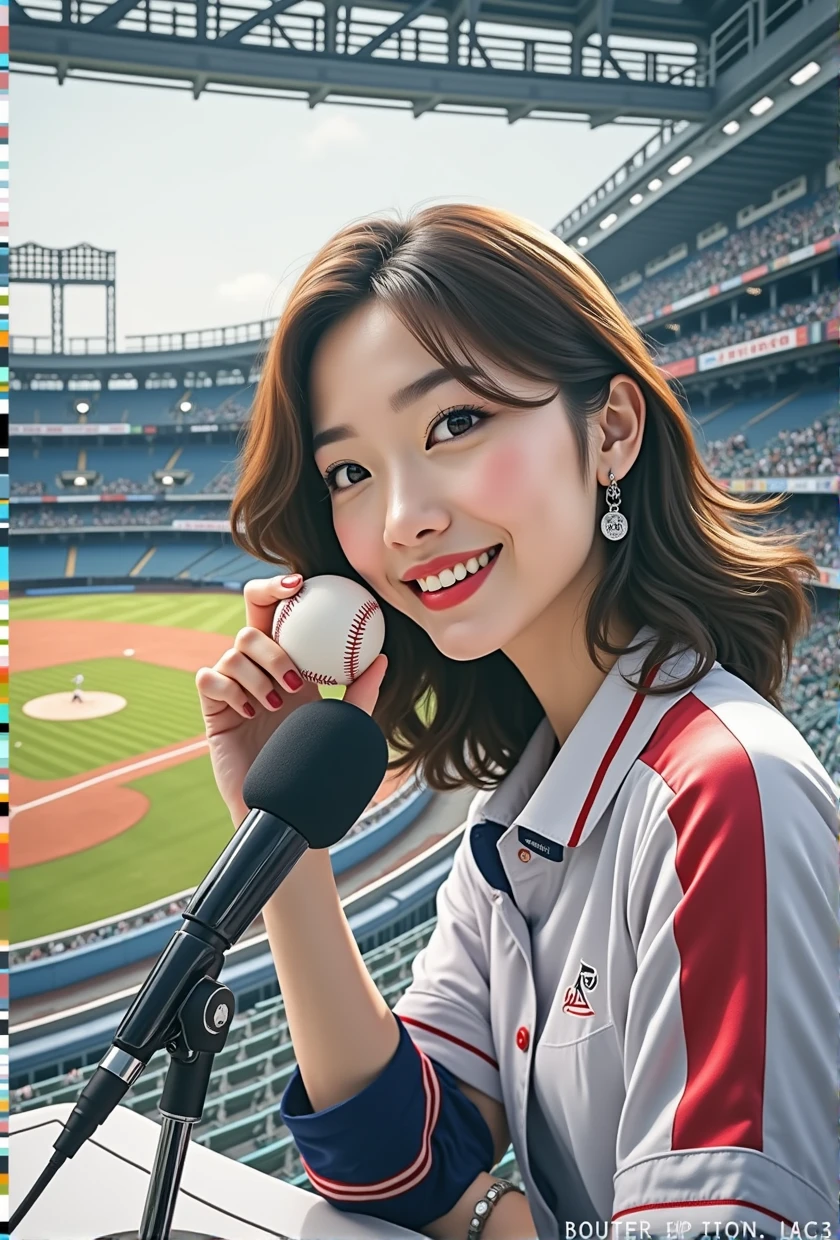 A fifty-year-old girl at a baseball field holding a microphone and a baseball, Sports Broadcasting, 8K Selfie, nodded, TWICE's Tzuyu, 8K Octane Advertising Photo, Nostalgic 8k, sakimichan, Twitch Streamer, Portrait Shot, Fan art, Sit in front of the microphone, Official artwork, Beautiful Japanese Women
