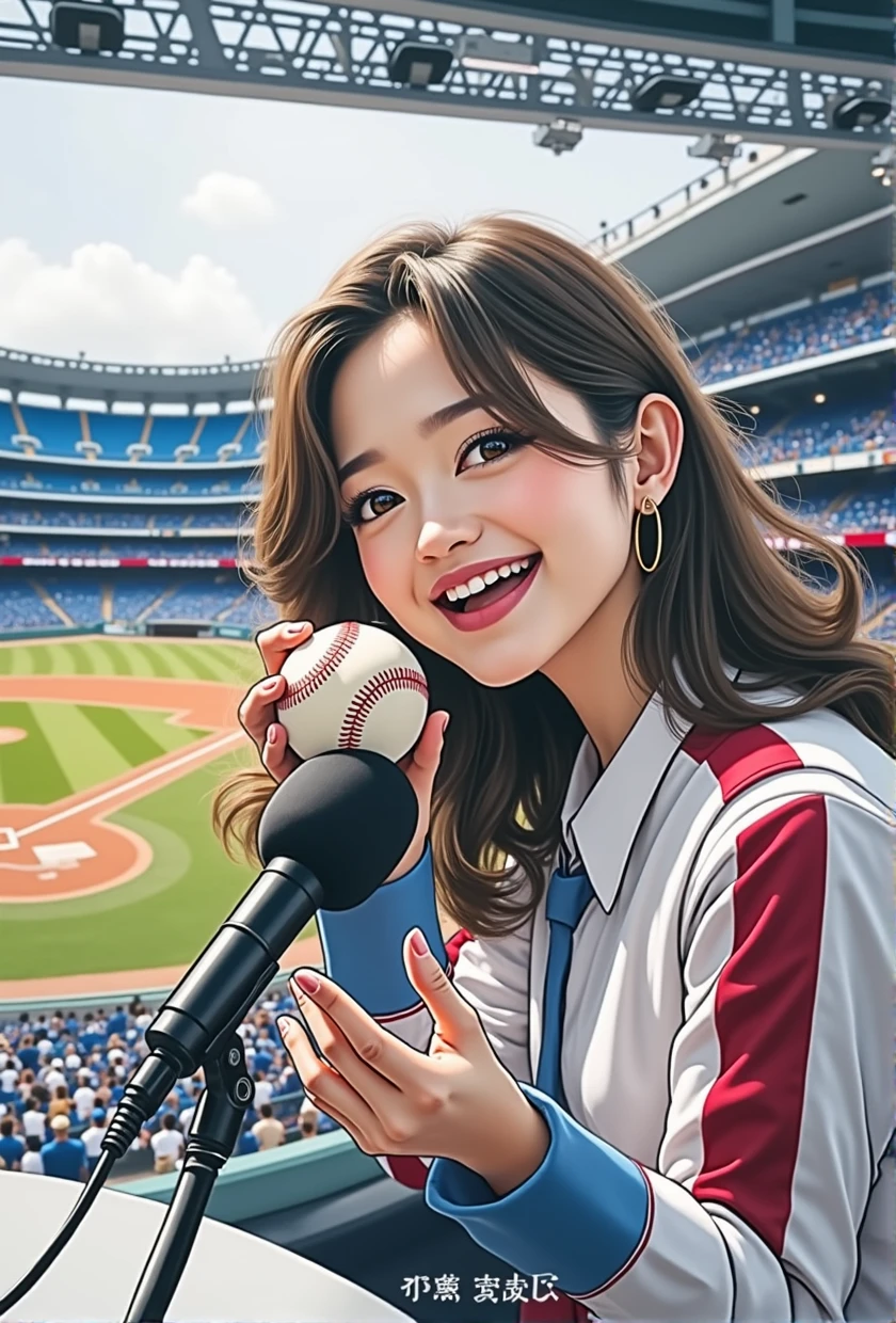 A fifty-year-old girl at a baseball field holding a microphone and a baseball, Sports Broadcasting, 8K Selfie, nodded, TWICE's Tzuyu, 8K Octane Advertising Photo, Nostalgic 8k, sakimichan, Twitch Streamer, Portrait Shot, Fan art, Sit in front of the microphone, Official artwork, Beautiful Japanese Women