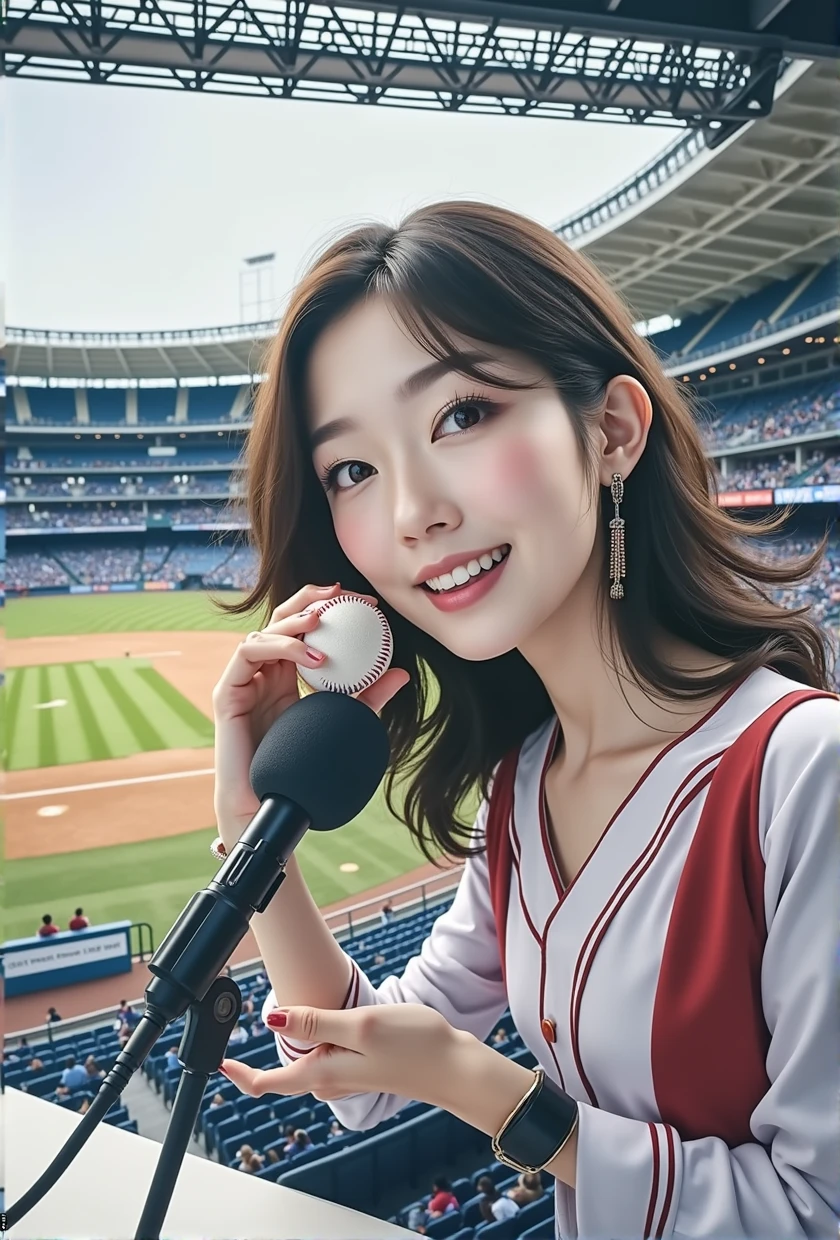 A fifty-year-old girl at a baseball field holding a microphone and a baseball, Sports Broadcasting, 8K Selfie, nodded, TWICE&#39;s Tzuyu, 8K Octane Advertising Photo, Nostalgic 8k, sakimichan, Twitch Streamer, Portrait Shot, Fan art, Sit in front of the microphone, Official artwork, Beautiful Japanese Women