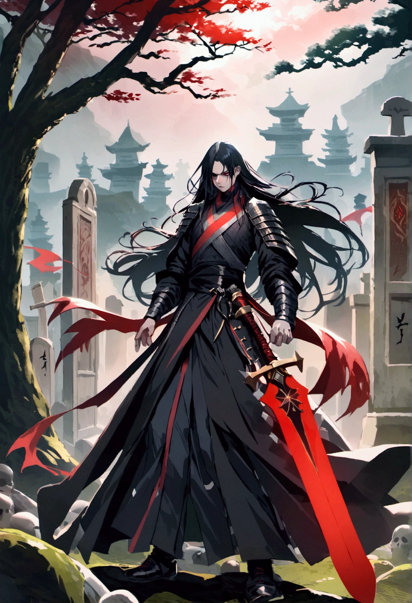black-haired, evil-looking man, with long hair, majestic features, and countless bodies and graves behind him, holding a bloodied sword in his right hand, and a red ball of energy in his other hand.