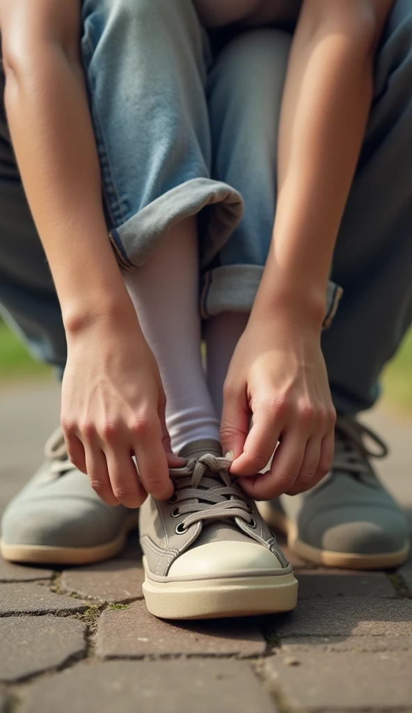 A father's strong hands helping a small child tie shoelaces