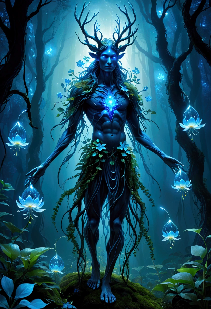 ht, Forest Spirit A translucent nigwalker emitting blue light. Plant growth and withering, Emphasize its role as a life-giver. The glowing, floating flowers represent the essence of the forest
