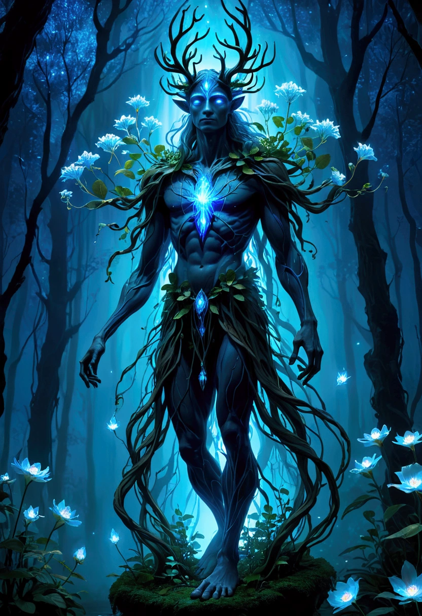  night, Forest Spirit A translucent night walker emitting blue light. Plant growth and withering, Emphasize its role as a life-giver. The glowing, floating flowers represent the essence of the forest