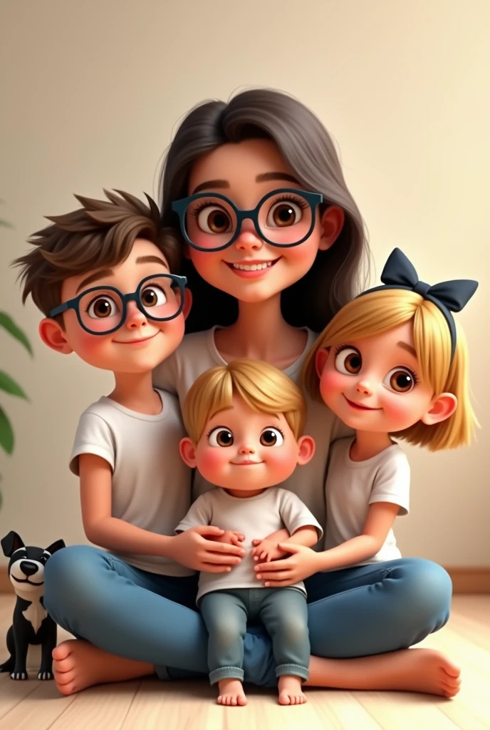 Create a Pixar animation style family portrait.
A mother with three children. A one year old baby boy. An 8 year old boy with glasses and a 6 year old girl and a dog on the right.
Everyone looking at the camera.
The mother is sitting on the floor with her legs crossed and holding the baby in her arms..
On the left the boy wears black-framed glasses and hair, straight and blonde hair On the right, shoulder-length hair with a bow on her head, straight and blonde hair, a little smaller than the boy on the left.
The baby has straight blonde hair and the hair has more volume in the center of the head.. The baby is a boy.
Everyone is wearing a white t-shirt and jeans.
Everyone is smiling warmly and has a cheerful expression. 
The mother has long, dark, wavy hair and wears blue-framed glasses. The background is a soft, neutral tone.. 
The entire scene must have vibrant colors., expressive expressions and warm lighting typical of Pixar animations.
Black and white Yorkshire terrier with bow on head, small and sitting on the right side