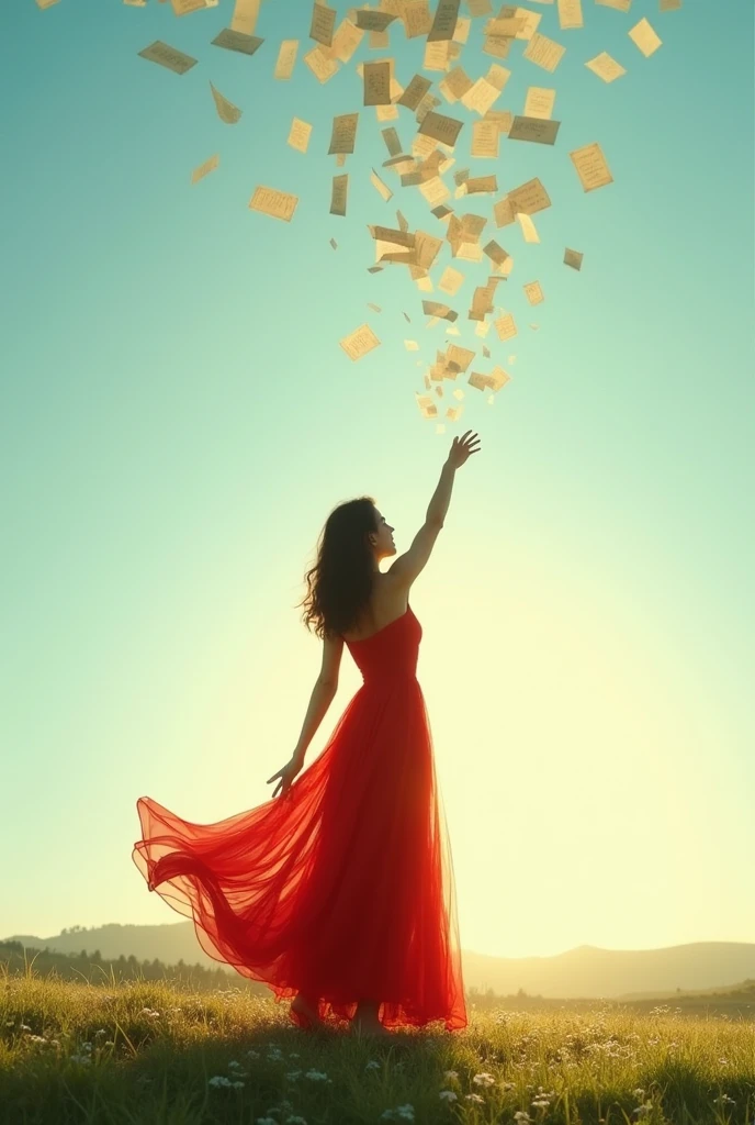 A woman from behind in a long red dress sending letters to the sky on a sunny day