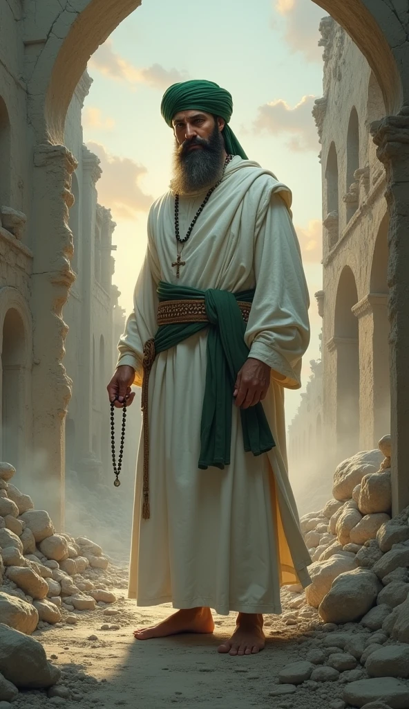 A man in a white robe and a green turban stood tall amidst the ruins of a once grand building. His expression was calm, yet his eyes held a deep sorrow. A gentle breeze carried dust and debris, blurring the lines between hope and despair. His hand clutched a rosary, as if seeking strength in each bead, while in the distance, the sun began to set, casting the sky in shades of gray.