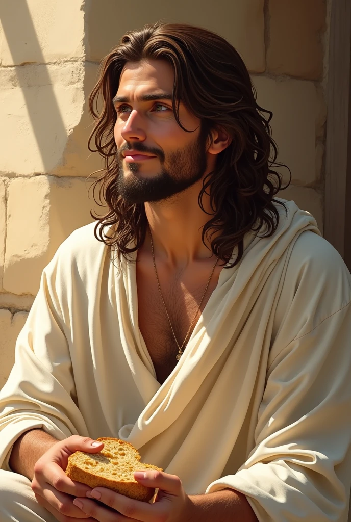 1 person, Realistic, masterpiece, Highest quality, beautiful, Detailed eyes and detailed face,Natural light, Israel 2000 years ago, linen clothing, Long brown hair, Gentle Wave,Brown eyes, Charm, Pushed down, Beautiful Youth,relaxing, Jesus,Eating bread with relish,Sunbeam, Japanese fan art style illustrations,Relaxed smile,male,Sitting in the shade