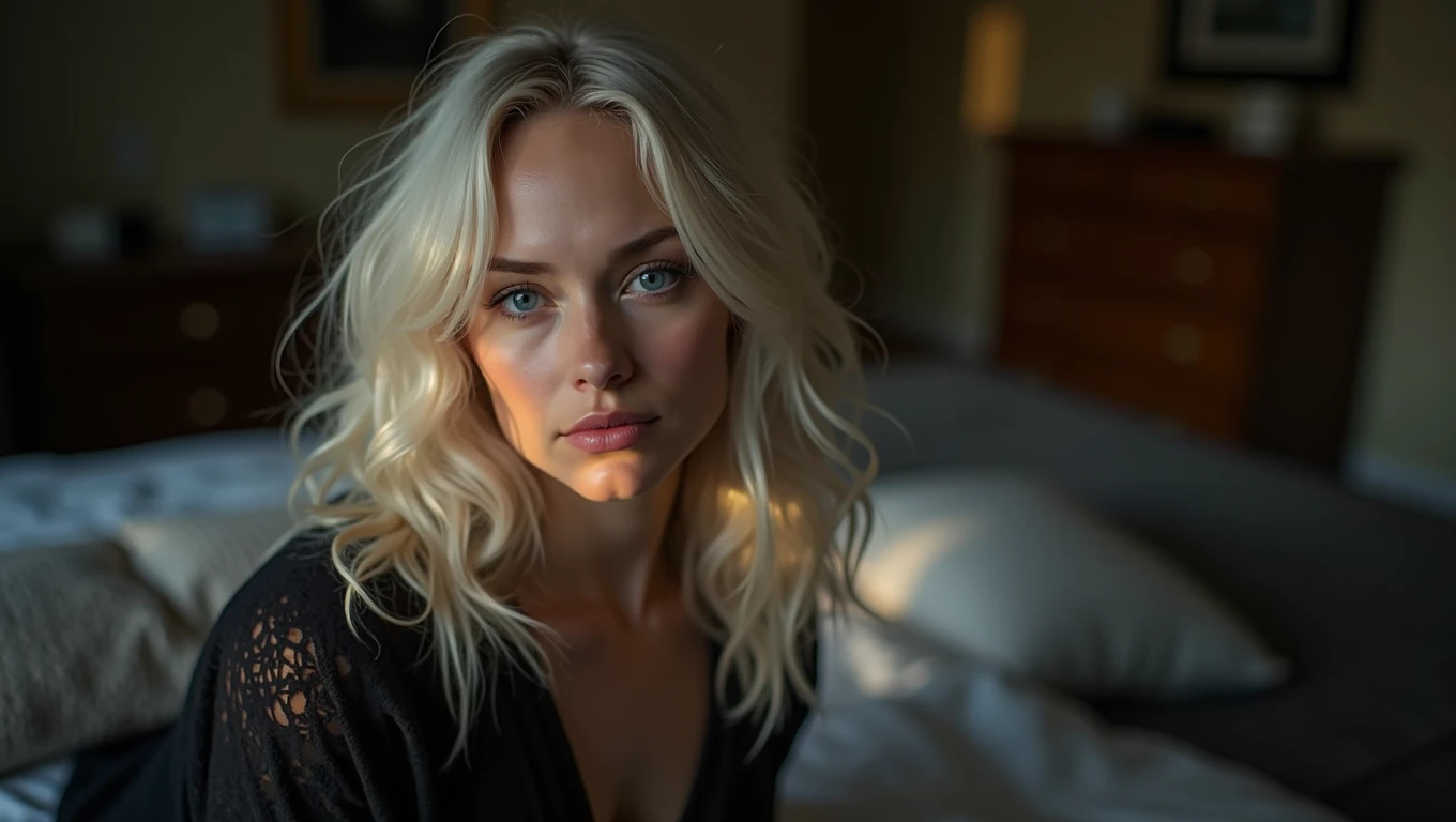 Portrait of an adult woman, aged between 30 and 35, with a striking and enigmatic beauty. She should have fair, almost pale skin, with a slight blush on her cheeks, and bright, piercing blue eyes, which contrast with the golden light of the sunset. She is indoors, suggesting a bedroom, and is wearing a light-toned sweater. The natural lighting comes from the side, creating a soft effect that creates diffused shadows that highlight the texture of her skin and the sparkle of her eyes. Her lips are pink and slightly glossy, suggesting an expression of mystery and intensity. Platinum blonde hair, long and loose, slightly tousled. The composition should capture the golden light that surrounds the hair, creating a shimmering effect that highlights the blonde locks, the texture of the skin and the brightness of the eyes. The background should be slightly out of focus, showing the walls and elements in light tones, such as the windows, the bed, the chest of drawers and the picture on the wall. The image should convey a feeling of coziness, with a touch of mystery and contemplation. Center the woman in the image, with the composition following the rule of thirds, highlighting her face and eyes. The photograph should capture extreme detail, with high-quality rendering in 8k, maintaining the serene and enigmatic atmosphere. High quality photography, 8k rendering, extreme detail, realistic portrait, introspective atmosphere, soft and diffused lighting, natural light.