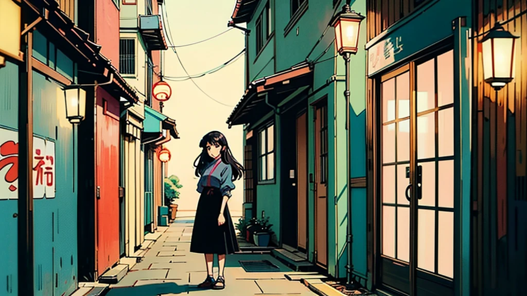 A girl standing in a narrow Tokyo alleyway, lit by lanterns, with a slight breeze blowing through her hair, lyco art, a manga drawing, by Satoshi Kon, lofi hip hop, wlop : :, ukiyo, ukiyo-style, yukito kishiro.