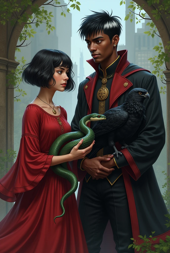 Draw a picture of a Gryffindor witch in a red dress with short hair but not too short., young black man with two snakes on his lap, one black and one green, and behind him a slightly older but still young man, tall, black hair with white streaks and eyes  , with a black owl and the Durmstrang uniform just a man 