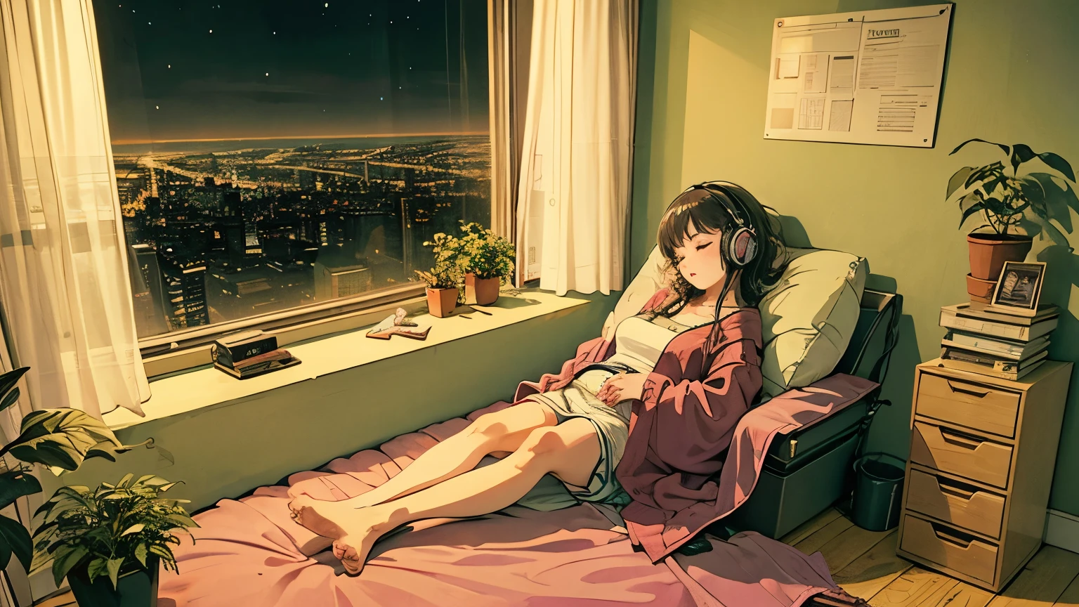 1 girl, 90s anime style, night, star, City apartment room、Girl sleeping in a chair with headphones on, late night , Listening to music alone, Sleeping while sitting、Messy room、studio、City Pop, high quality, Beautiful night view、lo-fi, Chill, late night,City night view、miscellaneous room、Foliage plant、 futuristic night view outside the window,