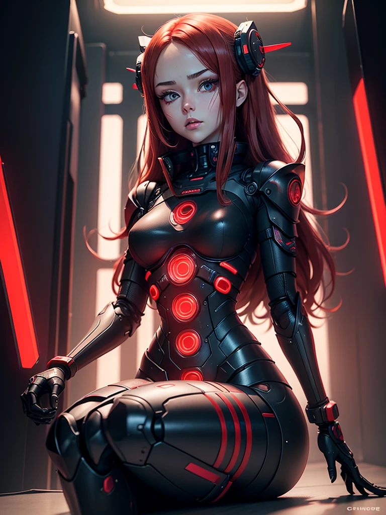View from below, angle from below, flat horizon photo, Android girl in a pose sitting on her knees , she has long red hair she has a mask on her face a respirator a woman with sexy hips, with prosthetic arms and modifications. Beautiful face, red metal cybernetic android robot body, with red lines of indicators and diodes with many red parts, cybernetic armor with a red glow from under the joints and joints, she has blue eyes and she looks down on me, frame with a flat horizon, Anime Style Photography , black background Cyberpunk style, photography takes place in motion, while walking the camera shoots Her from below lower angle photography black background images night and red neon lights red lamps red lighting red flashes on the background