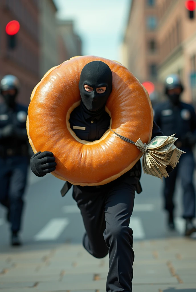 A donut wearing a bandit mask holding a bag of money while running away from the police