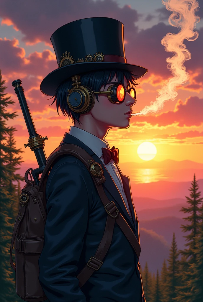 ((アニメ))Steampunk style teenage boy in top hat with mechanical gadgets and steam punk style glasses smoking marijuana , on a hill at sunset