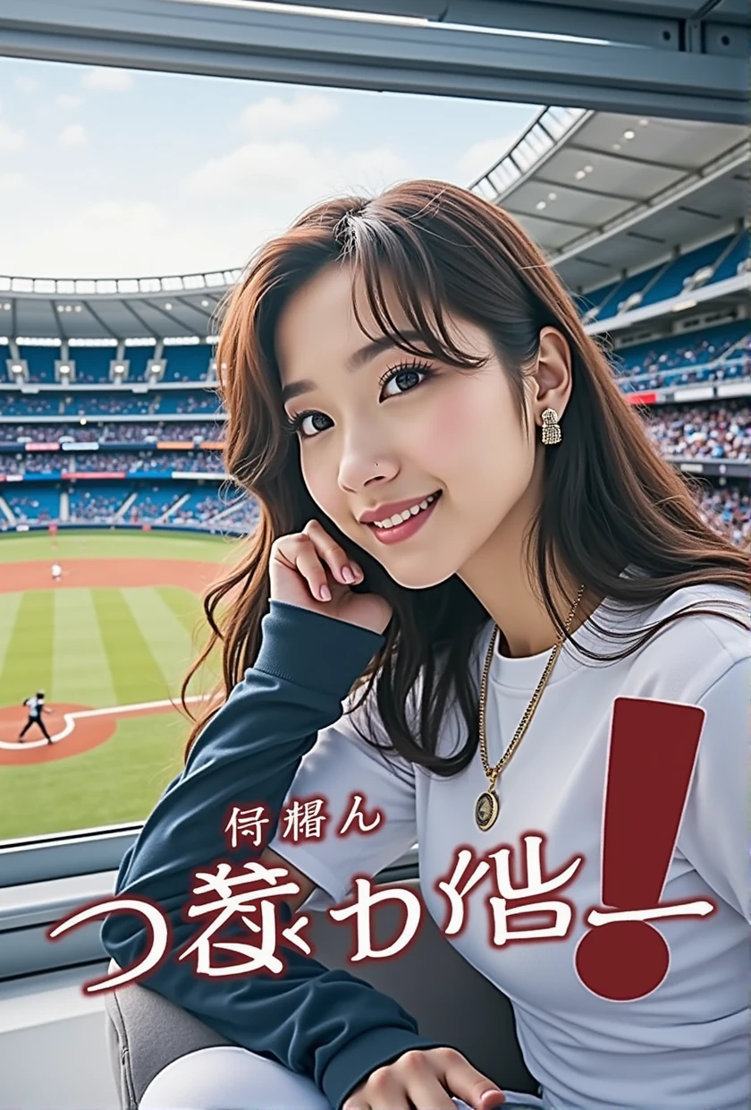 (((A little chubby、Big Breasts、Big Butt)))、((((女性のとんでもなくLarge Breasts、Slender curves、Big Breasts、Super Beauty、Plump body))))、Adult video poster layout、On-screen text:「Active stadium announcer makes shocking AV debut!! ★ field々Village Tsukasa」、Wearing a navy blue blazer, a white crew neck T-shirt and white pants、A 26 year old adult woman posing for a photo shoot、Big Breastsの女性ポルノ俳優、Dynamic pose、(((Long black hair)))、Happy expression、(((試合中のfield球場が大きな窓から見える)))、A pure and beautiful smile、Intelligent face、Slender curves、Large Breasts、Announcer's microphone、(((DVD mark、Blu-rayマーク)))。