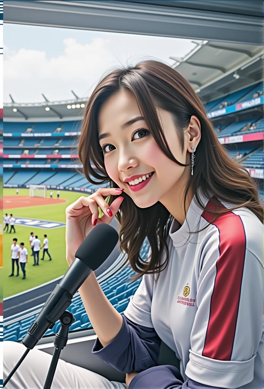 (((A little chubby、Big Breasts、Big Butt)))、((((女性のとんでもなくLarge Breasts、Slender curves、Big Breasts、Super Beauty、Plump body))))、Adult video poster layout、On-screen text:「Active stadium announcer makes shocking AV debut!! ★ field々Village Tsukasa」、Wearing a navy blue blazer, a white crew neck T-shirt and white pants、A 26 year old adult woman posing for a photo shoot、Big Breastsの女性ポルノ俳優、Dynamic pose、(((Long black hair)))、Happy expression、(((試合中のfield球場が大きな窓から見える)))、A pure and beautiful smile、Intelligent face、Slender curves、Large Breasts、Announcer's microphone、(((DVD mark、Blu-rayマーク)))。