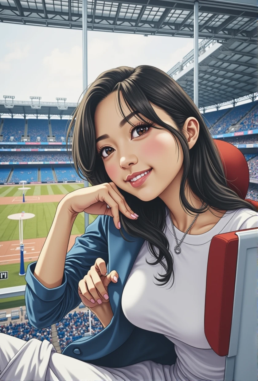 (((A little chubby、Big Breasts、Big Butt)))、((((女性のとんでもなくLarge Breasts、Slender curves、Big Breasts、Super Beauty、Plump body))))、Adult video poster layout、On-screen text:「Active stadium announcer makes shocking AV debut!! ★ field々Village Tsukasa」、Wearing a navy blue blazer, a white crew neck T-shirt and white pants、A 26 year old adult woman posing for a photo shoot、Big Breastsの女性ポルノ俳優、Dynamic pose、(((Long black hair)))、Happy expression、(((試合中のfield球場が大きな窓から見える)))、A pure and beautiful smile、Intelligent face、Slender curves、Large Breasts、Announcer's microphone、(((DVD mark、Blu-rayマーク)))。