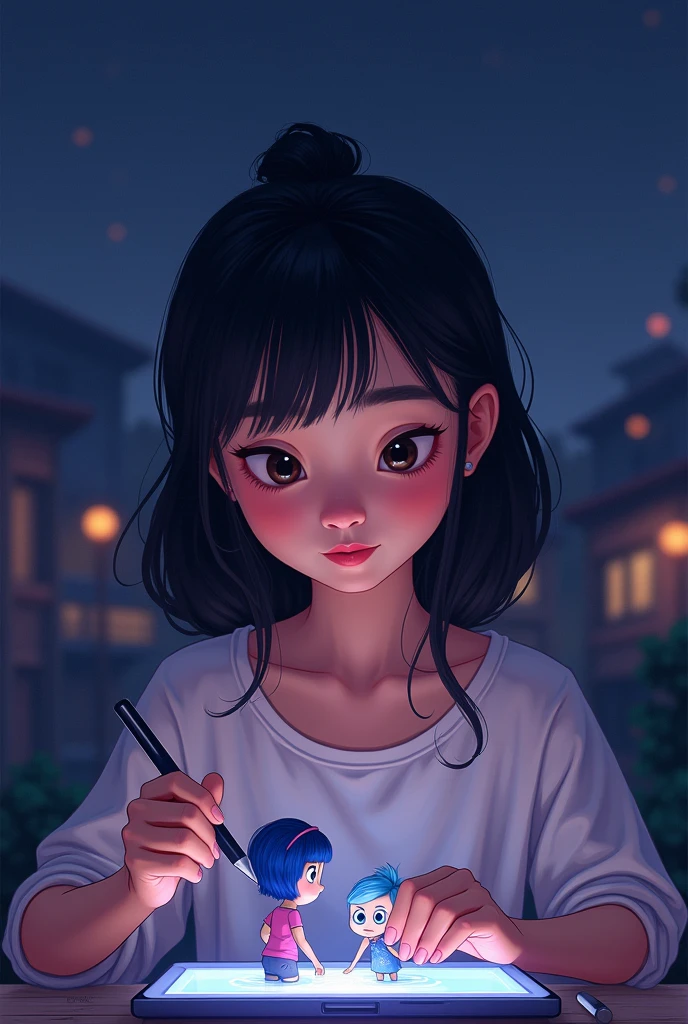 A illustration style artwork of a Indian lady with front bangs drawing on her iPad. Tiny characters from Inside out 2 are around her gazing at her as if they have come out alive from her ipad. Keep it to a night light setting with subtle shades of purple and blue