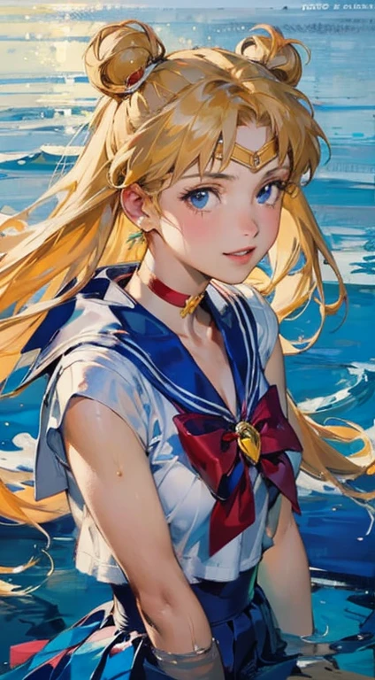 Sailor Moon Style, Portrait of a female anime hero, portrait knights of zodiac girl, today's featured anime still, Official art, knights of zodiac girl, by Sailor Moon, portrait anime space cadet girl, anime still, official anime still, sailor moon aesthetic, Sailor Uniform, official anime artwork　((masterpiece)), (best quality), official art, extremely detailed CG, 
1girl, sailor moon, blue eyes, blonde hair, long hair, hair bun, jewelry, sailor senshi uniform, blue sailor collar, red choker, twintails, red bow, blue skirt, holding binoculars, outdoors, forest,  Realistic portrait of the protagonist of the anime Sailor Moon　(Super detailed,ultra high resolution,detailed background),((2D)),((flat color)),((colorful)),((floating colorful water)),1 girl,alone,looking at the viewer,break　girl, sweat, steam, medium breast, shy, detailed hand, shy, light smile, looking at viewer,masterpiece,best quality, (photorealistic:1.5), (realskin:1.5), 1girl, BRAV5_Realisianv50_PFv30,