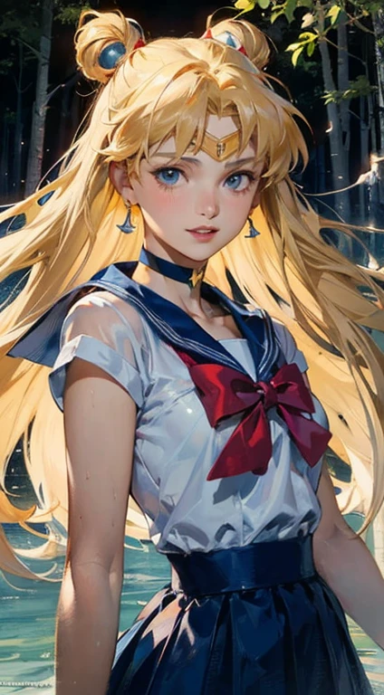Sailor Moon Style, Portrait of a female anime hero, portrait knights of zodiac girl, today's featured anime still, Official art, knights of zodiac girl, by Sailor Moon, portrait anime space cadet girl, anime still, official anime still, sailor moon aesthetic, Sailor Uniform, official anime artwork ((masterpiece)), (best quality), official art, extremely detailed CG,
1girl, sailor moon, blue eyes, blonde hair, long hair, hair bun, jewelry, sailor senshi uniform, blue sailor collar, red choker, twintails, red bow, blue skirt, holding binoculars, outdoors, forest, Realistic portrait of the protagonist of the anime Sailor Moon (Super detailed,ultra high resolution,detailed background),((2D)),((flat color)),((colorful)),((floating colorful water)),1 girl,alone,looking at the viewer,break girl, sweat, steam, medium breast, shy, detailed hand, shy, light smile, looking at viewer,masterpiece,best quality, (photorealistic:1.5), (realskin:1.5), 1girl, BRAV5_Realisianv50_PFv30,