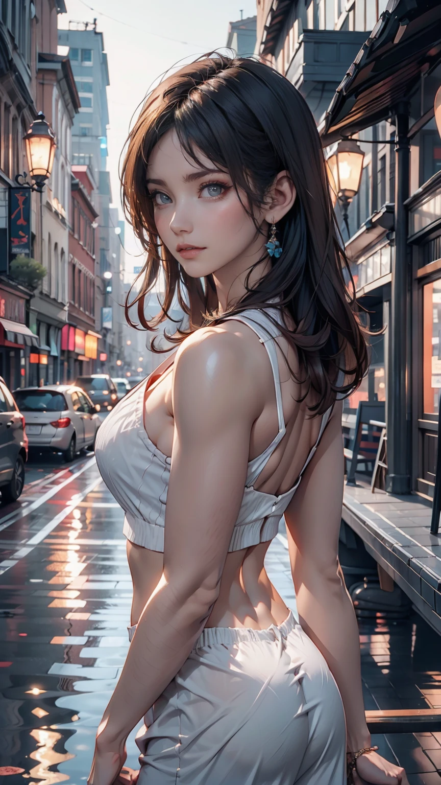 (8k unit wallpaper CG highly detailed, masterpiece, Highest quality, Very detailed), (((alone)))), ((Very wide shot:1.15)), A woman on a bridge、Looking out at a sci-fi city in the distant background, ((Rear view)), ((whole body)), (Attention to detail), (Complex details), Complex, Nice views, Detailed Environment, highly Detailed Environment, Illustrator, (masterpiece). Attractive Young Woman, (Beautiful Face:1.1), Detailed eyes, Seductive lips, (eye make up:1.2), (Medium chest:1.0), (Toned body:1.2), Sexy proportions