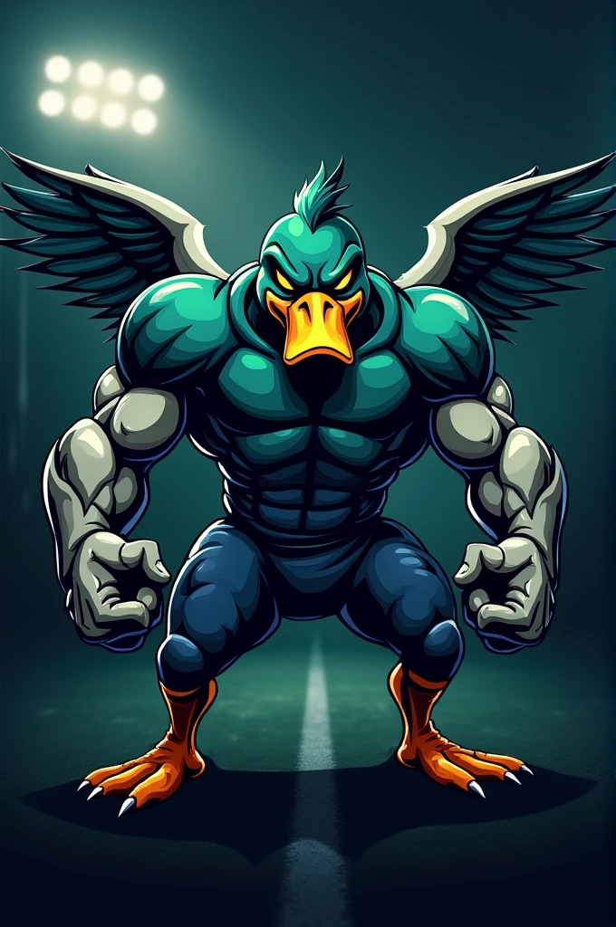 make a football logo of a muscular duck named D