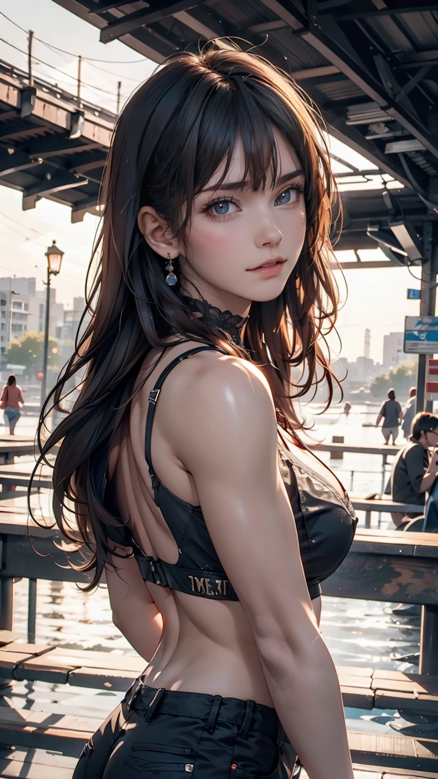 (8k unit wallpaper CG highly detailed, masterpiece, Highest quality, Very detailed), (((alone)))), ((Very wide shot:1.15)), A woman on a bridge、Looking out at a sci-fi city in the distant background, ((Rear view)), ((whole body)), (Attention to detail), (Complex details), Complex, Nice views, Detailed Environment, highly Detailed Environment, Illustrator, (masterpiece). Attractive Young Woman, (Beautiful Face:1.1), Detailed eyes, Seductive lips, (eye make up:1.2), (Medium chest:1.0), (Toned body:1.2), Sexy proportions