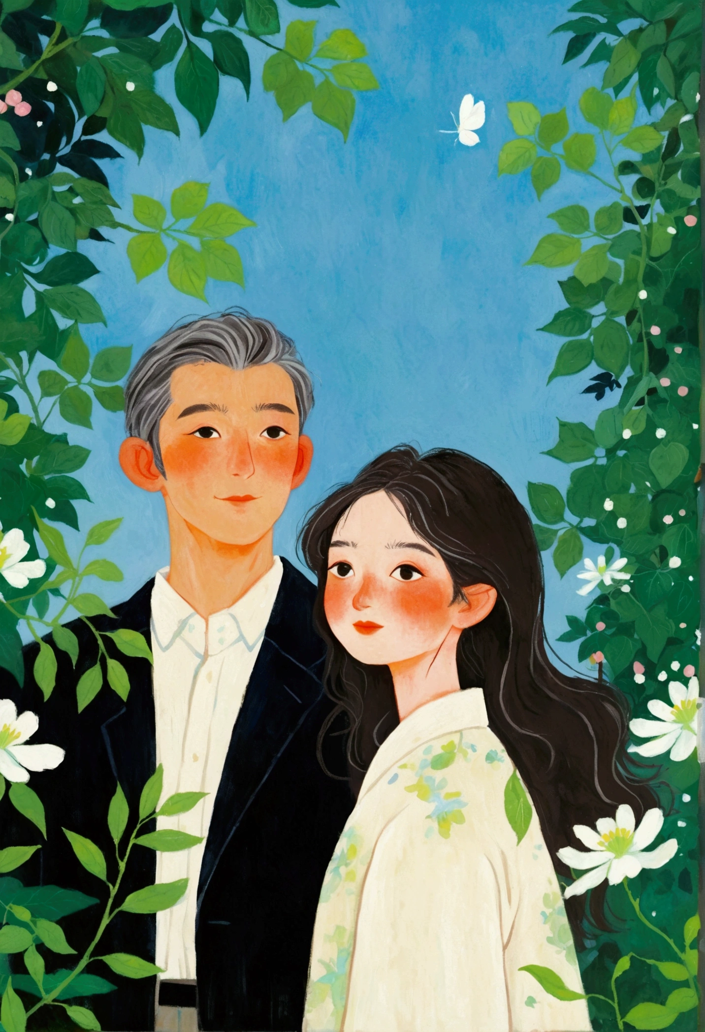 A painting，The painting shows a man wearing a white shirt and green leaves, Woman in flowers, Girl in the flowers, Inspired by Lois Dodd, Inspired by Eugene Glaser, Inspired by Emily Murray Patterson, inspired by Pascale Campion, Alex Katz (Alex Katz) of inspiration, Inspired by Hsiao-Ron Cheng, author：Tatsujima Yuko