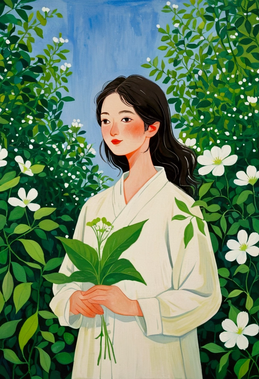 A painting,The painting shows a man wearing a white shirt and green leaves, Woman in flowers, Girl in the flowers, Inspired by Lois Dodd, Inspired by Eugene Glaser, Inspired by Emily Murray Patterson, inspired by Pascale Campion, Alex Katz (Alex Katz) of inspiration, Inspired by Hsiao-Ron Cheng, author:Tatsujima Yuko