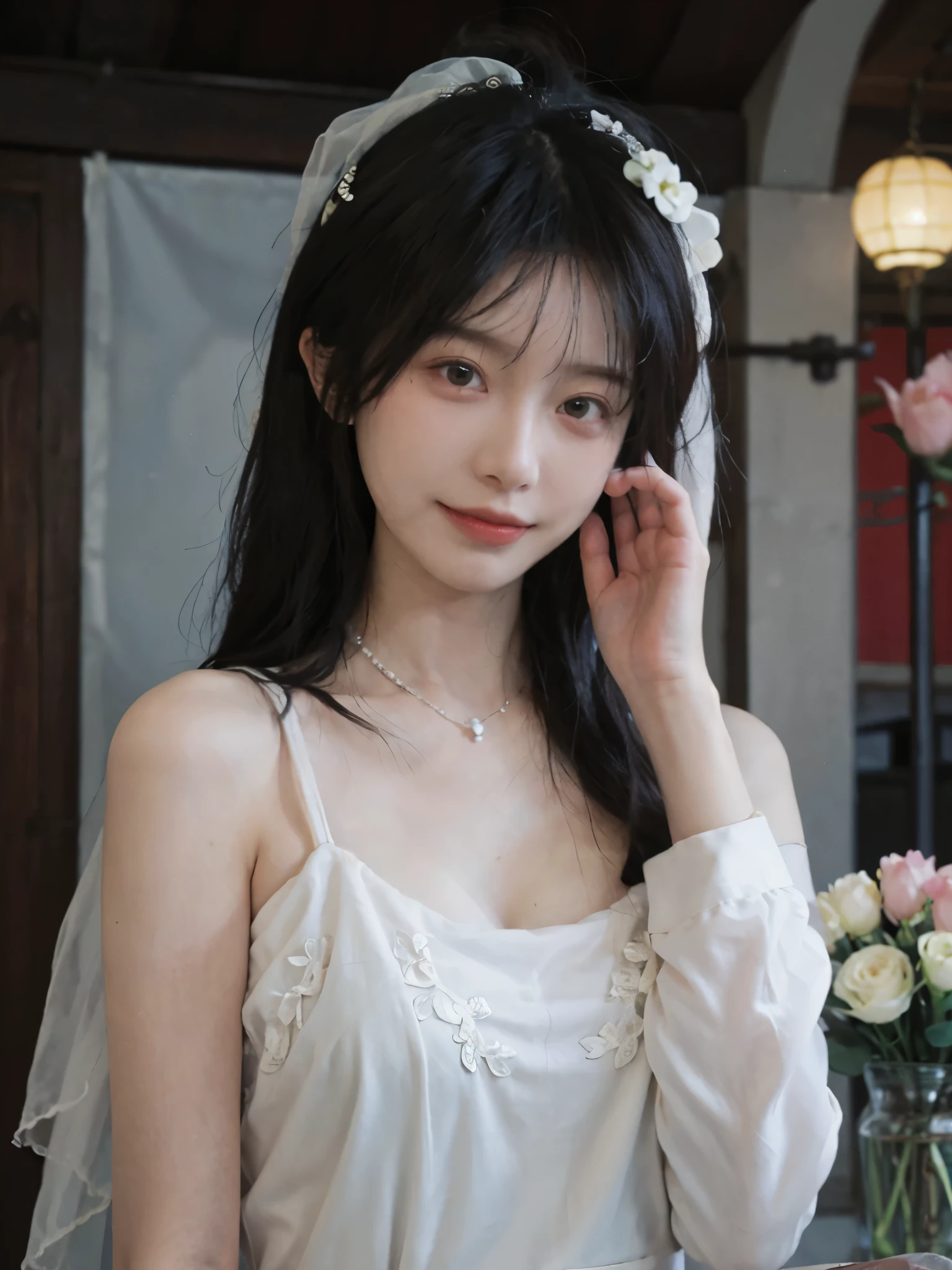best qualtiy, Ultra-high resolution, (realisticlying:1.4),cute hairpin,Baoyu Girl,Stand in the wedding hall,Wearing a white wedding dress,(flatchest:1.2) ,A pair of clear and moving peach blossom eyes,Royal Sister,sunshine on face,Big wavy hairstyle,(choker necklace:1.2),(Fair skin:1.4),a sense of atmosphere,a beauty girl, ssmile,head straight-looking at viewer, closeup cleavage ,(Photorealistic:1.4),1girll,sexly,(Upper body:1.4),(Wet body),(:1.2)