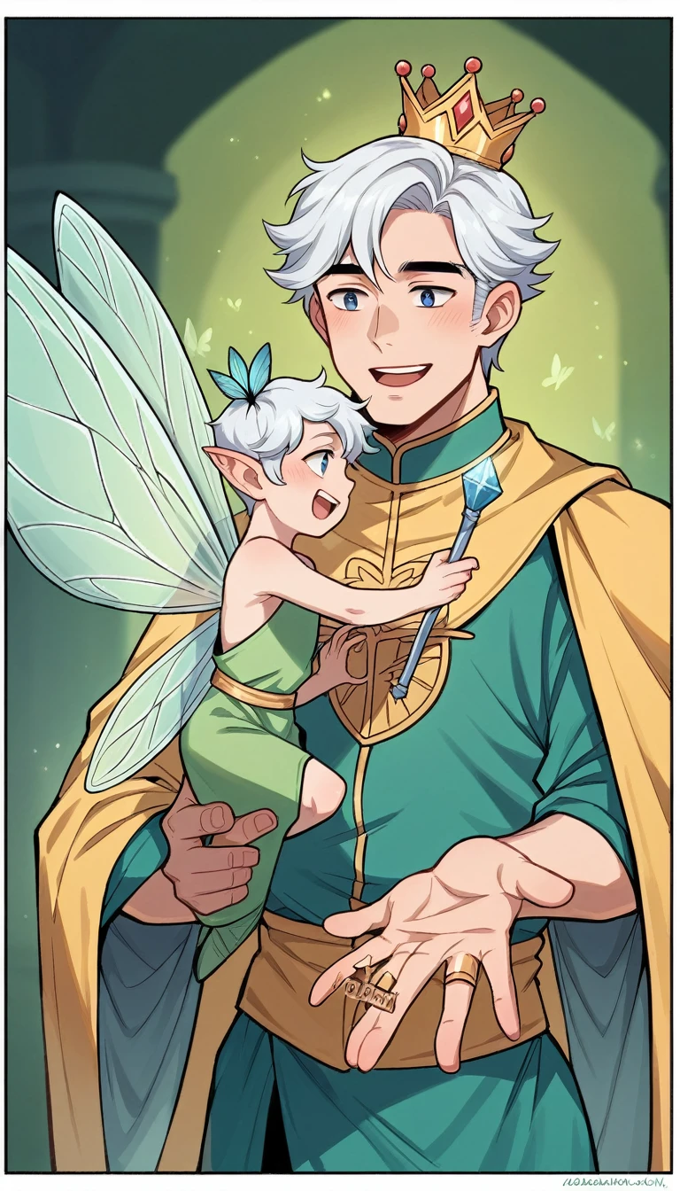 best quality, masterpiece, extremely detailed, toonify style, dungeons and dragons, (27 year old male fairy, happy, (white and gold robe), rich fairy, cleric, holds a crystal wand, fairy male king, crystal crown, crystal rings on fingers, (perfect fingers) crystal shards around him, a goblet on the ground, magical creature, fair skin, white hair, fairy ears, monarch butterfly wings, mischievous baby fairies flying around