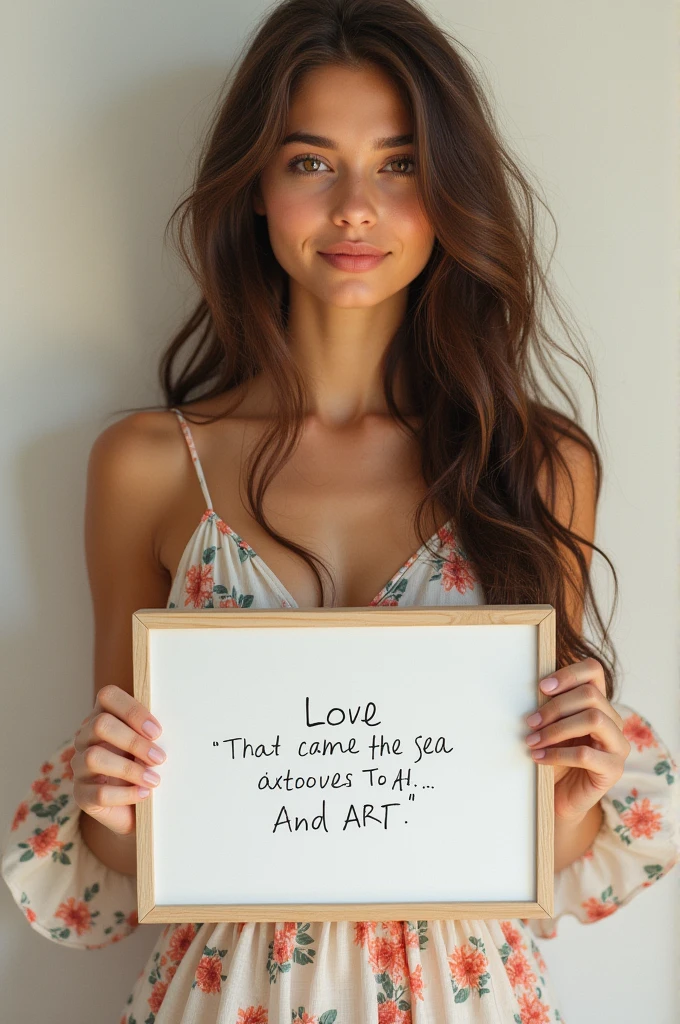 Beautiful girl with wavy long hair, bohemian dress, holding a white board with text "I Love Seaart Infinity" and showing it to the viewer