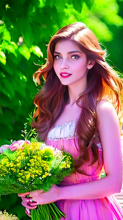 a beautiful woman with caramel-colored hair, long straight hair, flowing hair, light green eyes, pure and vivid, fleshy and pink mouth, fair and classic skin, woman of extreme beauty, a perfect goddess, commoner clothing style of the Victorian era, holding a bouquet of colorful flowers, in the background French colony of the Victorian era, wallpaper 4k, 32k Ultra, Ultra Hd, cinematic lighting, movie poster, Top Quality、超High Resolution A