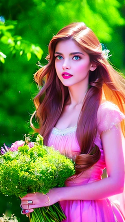 a beautiful woman with caramel-colored hair, long straight hair, flowing hair, light green eyes, pure and vivid, fleshy and pink mouth, fair and classic skin, woman of extreme beauty, a perfect goddess, commoner clothing style of the Victorian era, holding a bouquet of colorful flowers, in the background French colony of the Victorian era, wallpaper 4k, 32k Ultra, Ultra Hd, cinematic lighting, movie poster, Top Quality、超High Resolution A