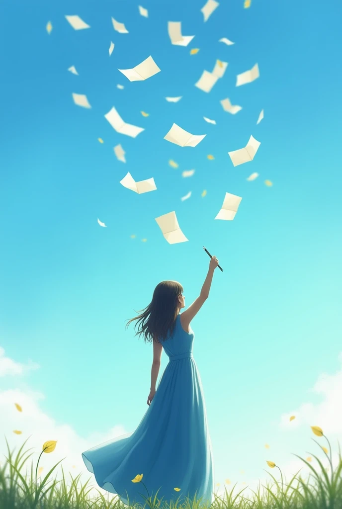 A woman from behind wearing a long blue dress and a pencil in her hand sending letters to the sky on a sunny day