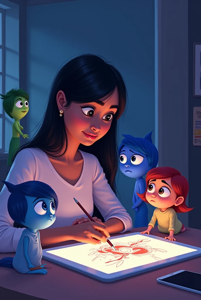A illustration style artwork of a Indian lady with front bangs drawing on her iPad. characters from Inside out 2 are around her gazing at her as if they have come out alive from her ipad. Keep it to a night light setting with subtle shades of purple and blue