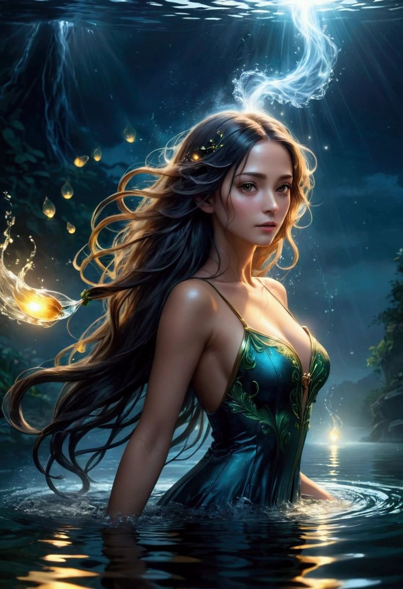 Beautiful woman made of water ，(Long water hair:1.2) ，Smoke rising from the water，Vine stirring，firefly，midnight，moonlight，Backlight， (masterpiece:1.2)， (best quality) ，(detailed) ，(complex) ，(8K)， (HDR)， (wallpaper)， (Movie Lighting) ，(Clear focus)