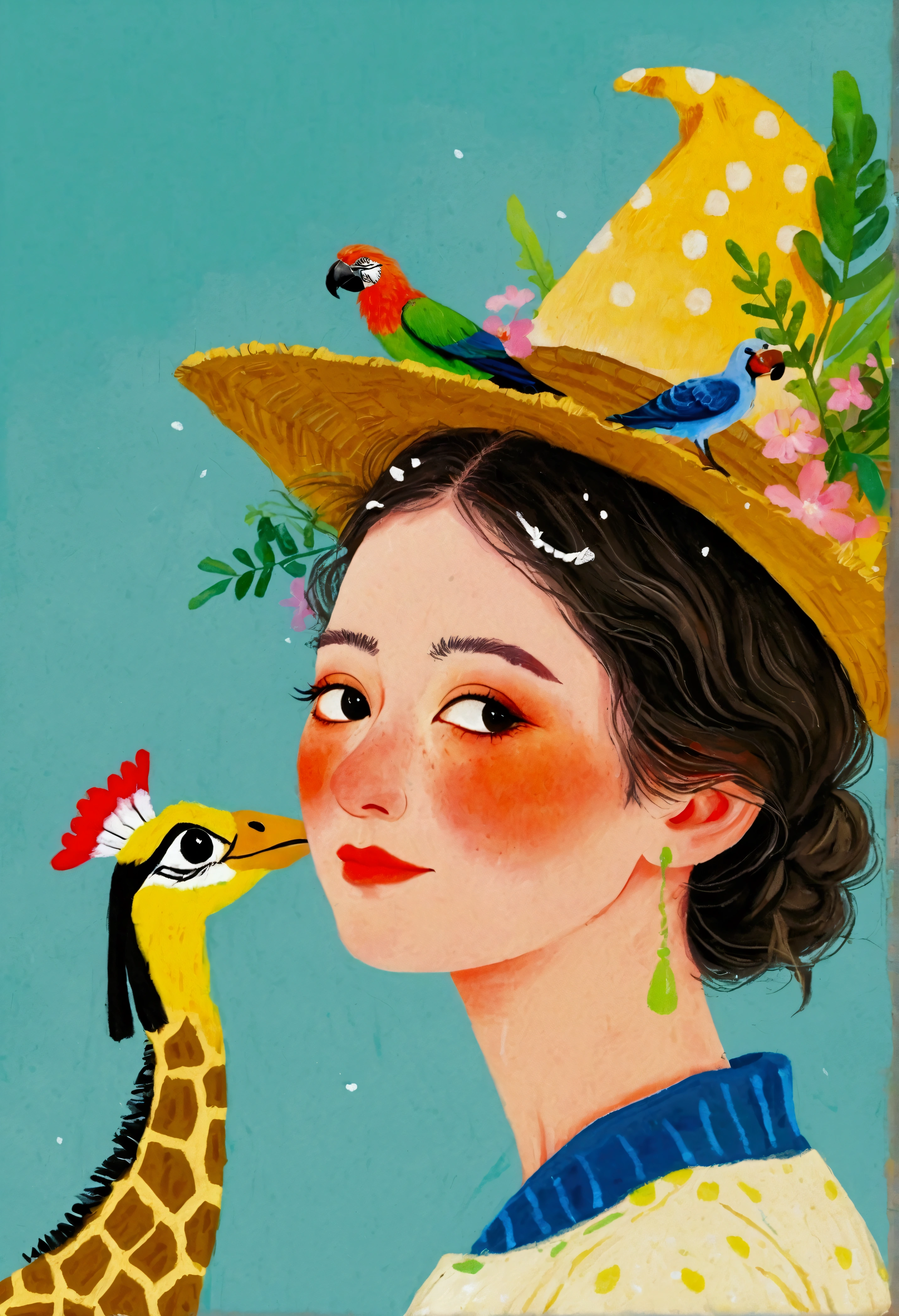 Painting,The painting shows a woman with a giraffe on her head,There is also a parrot on top, Parrot on the head, There's a bird on her head, Wearing a rap hat, 2020 fashion, Wear a baseball cap backwards, animal hat, Wearing a broken hat, Wear a baseball cap backwards, Wearing a strange hat, Bird poop on head, Bird Head, Funny hat
