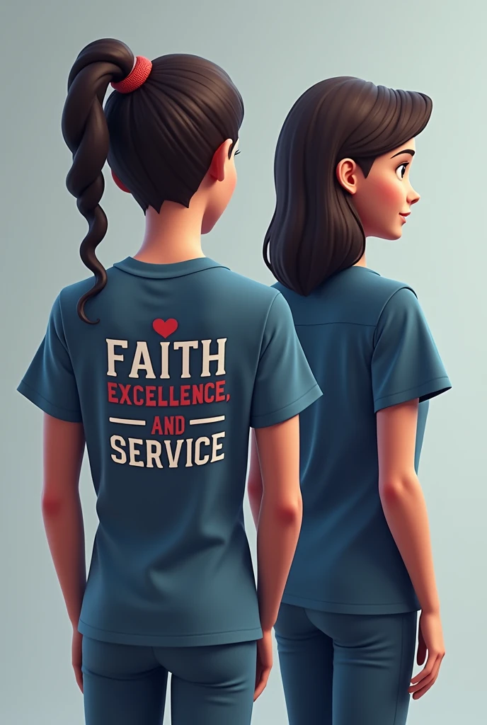 can you please edit me 2 animated tshirt the first t-shirt is the front and has minimalist design with nursing symbol with modern design then the other shirt is focused on the back having the word faith, exellence, and service written color white and red only no black color please