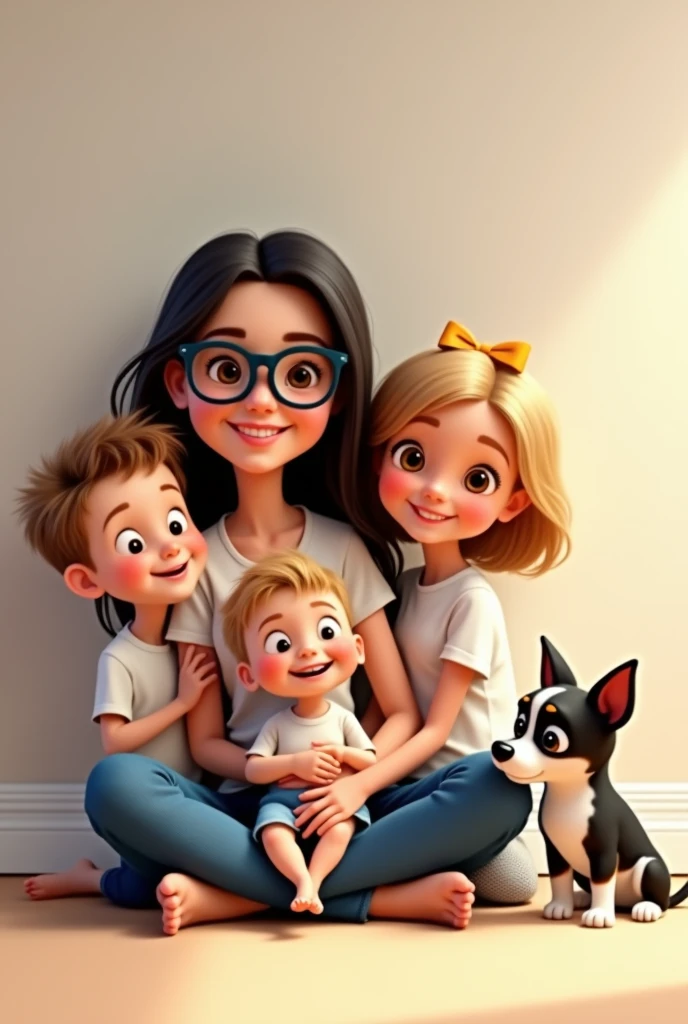 Create a Pixar animation style family portrait.
A mother with three children. A one year old baby boy. An 8 year old boy with glasses and a 6 year old girl and a dog on the right.
Everyone looking at the camera.
The mother is sitting on the floor with her legs crossed and holding the baby in her arms..
On the left the boy wears black-framed glasses and hair, straight and blonde hair On the right, shoulder-length hair with a bow on her head, straight and blonde hair, a little smaller than the boy on the left.
The baby has straight blonde hair and the hair has more volume in the center of the head.. The baby is a boy.
Everyone is wearing a white t-shirt and jeans.
Everyone is smiling warmly and has a cheerful expression.
The mother has long, dark, wavy hair and wears blue-framed glasses. The background is a soft, neutral tone..
The entire scene must have vibrant colors., expressive expressions and warm lighting typical of Pixar animations.
Black and white Yorkshire terrier with bow on head, small and sitting on the right side