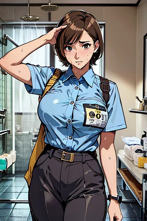 Big Breasts, Highest quality, masterpiece,(((Brown short hair))),Browsing Caution,(((shower room))),(((Sweat))),((Browsing Caution))(((clothes lift))),(((bottomless))),(((Take off your pants))),