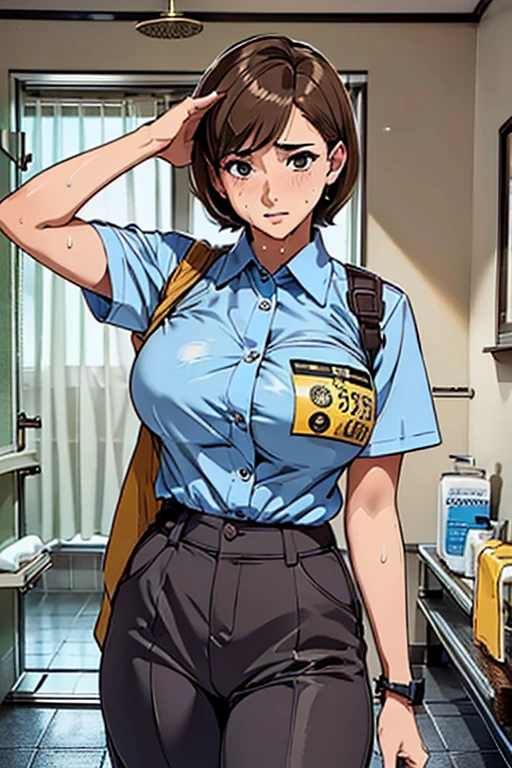 Big Breasts, Highest quality, masterpiece,(((Brown short hair))),Browsing Caution,(((shower room))),(((Sweat))),((Browsing Caution))(((clothes lift))),(((bottomless))),(((Take off your pants))),