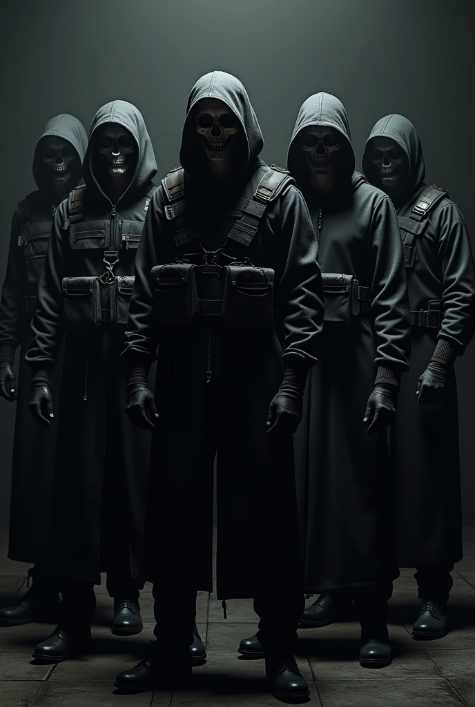 Five people in completely black weapons-like clothing with a skull 