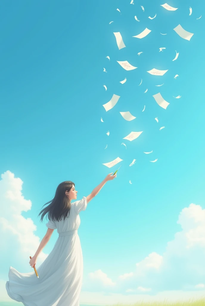 A woman from behind wearing a long white dress and a pencil in her hand sending letters to the sky on a sunny day